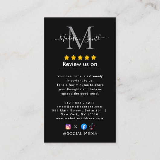 Carte De Visite Review Google Review QR Code Google Ratings (Dos)