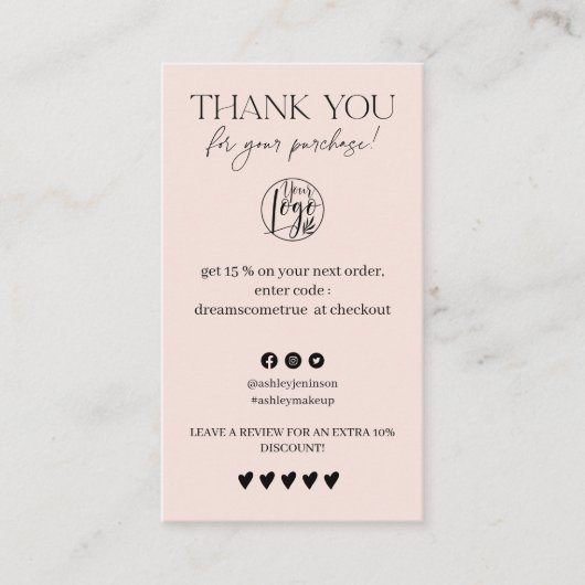 Carte De Visite Review Simple noir et rose commande merci (Devant)