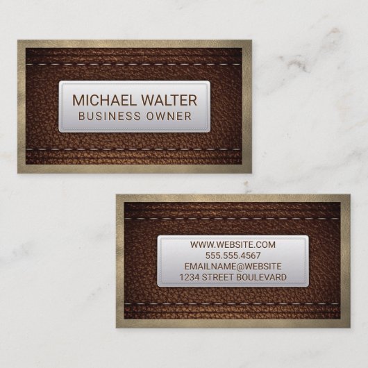 Carte De Visite Riche en cuir Brown piqué | Bordure en cuir (Devant / Derrière)