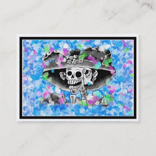 Carte De Visite Rire Skeleton Woman à Bonnet sur Blue (Devant)