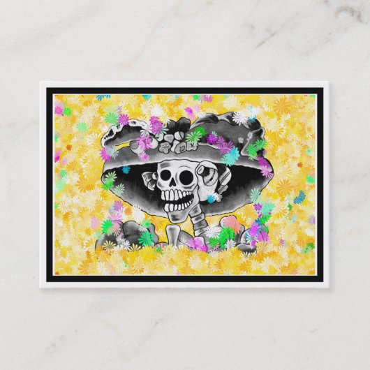 Carte De Visite Rire Skeleton Woman à Bonnet sur Jaune (Devant)