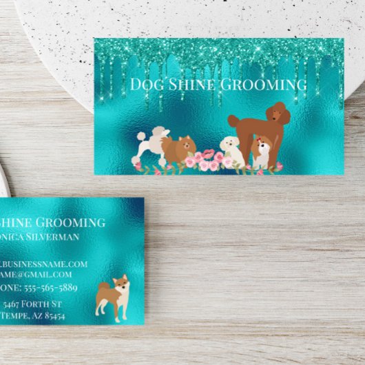Carte De Visite Robin's Egg Blue Dog Grooming Glitter Pet Services