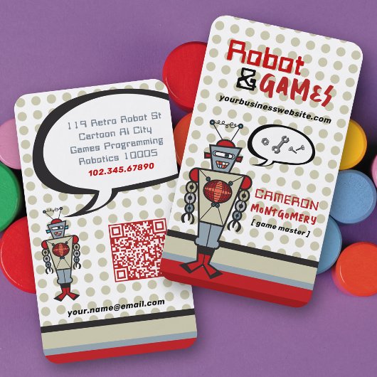 Carte De Visite Robot rouge rétro et jeux pour enfants - Écrous et