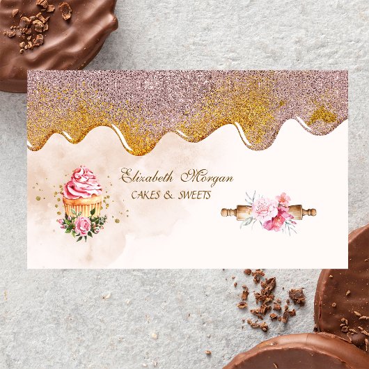 Carte De Visite Rolling Pin Flowers Cupcake Bakery Drips