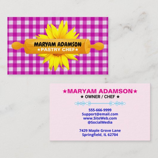 Carte De Visite Rolling Pin Pastry Chef | Pink Floral Cake Bakery (Devant / Derrière)