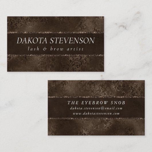 Carte De Visite Romance en bronze de minuit | Satiny Grunge Damask (Devant / Derrière)