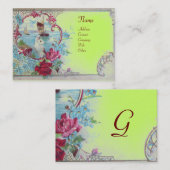 Carte De Visite ROMANTIQUE, FLORALE VERT BLEU, MONogramme DE DOUCH (Devant / Derrière)