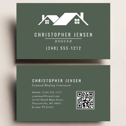 Carte De Visite Roofer QR Code Roofing Business Dark Green