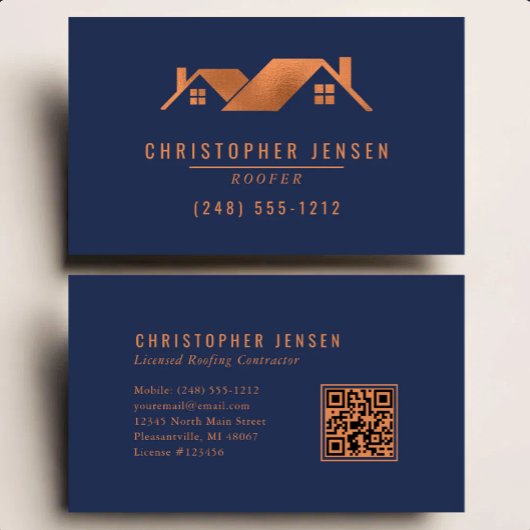 Carte De Visite Roofer QR Code Roofing Business Navy Blue Copper