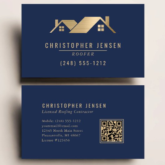 Carte De Visite Roofer QR Code Roofing Business Navy Blue Gold