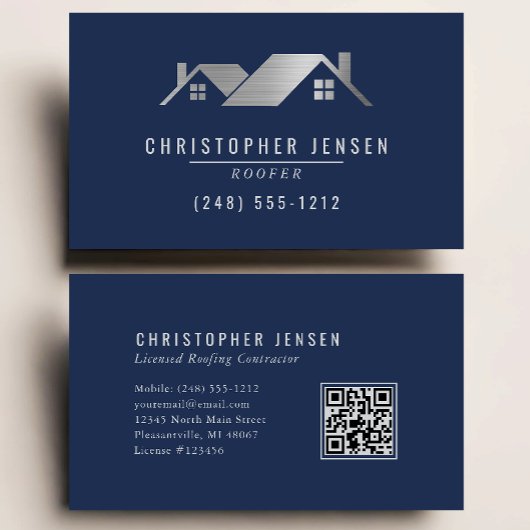 Carte De Visite Roofer QR Code Roofing Business Navy Blue Silver
