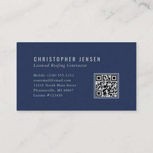 Carte De Visite Roofer QR Code Roofing Business Navy Blue Silver (Dos)