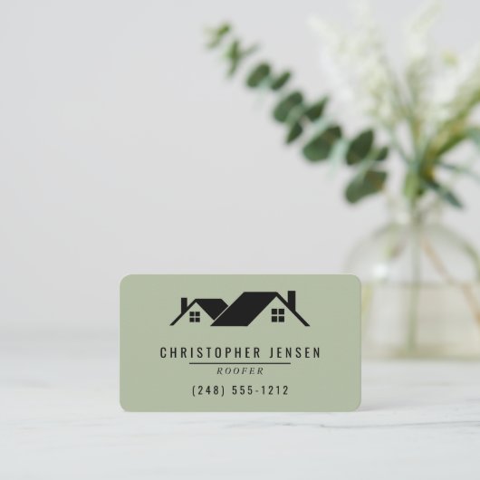 Carte De Visite Roofer QR Code Sage Green Rounded (Debout devant)