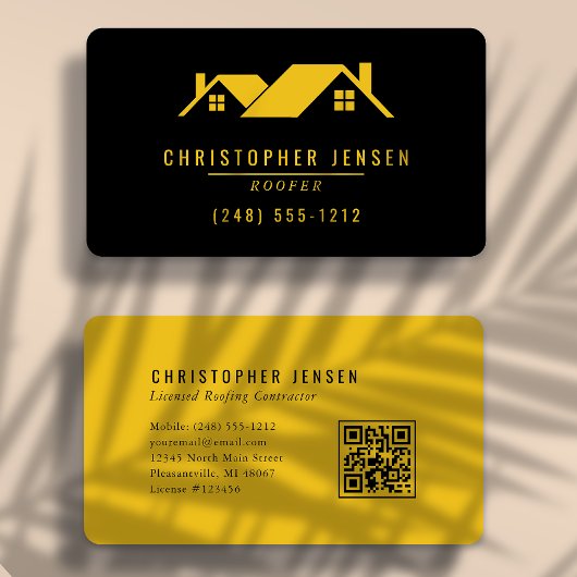 Carte De Visite Roofer QR Code Simple Bold Black Yellow Rounded