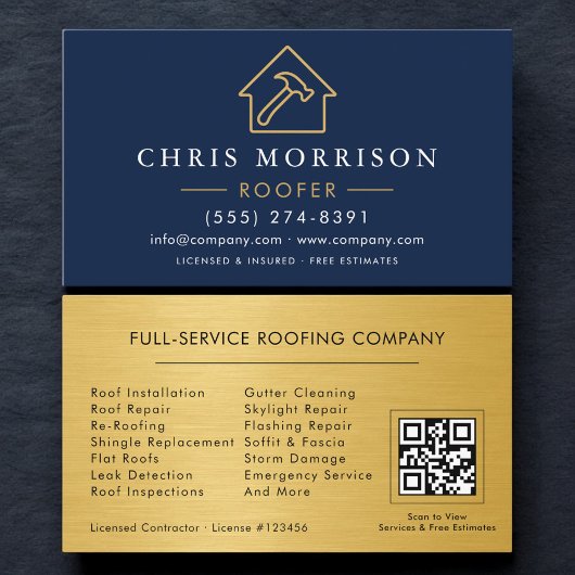 Carte De Visite Roofing Professional Navy Blue QR Code