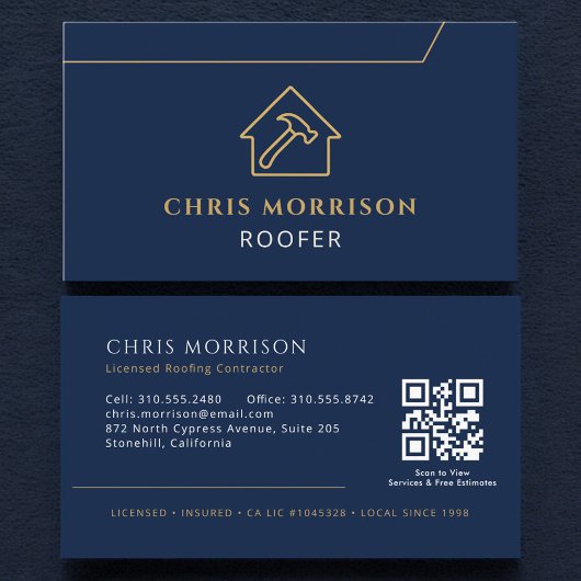 Carte De Visite Roofing QR Code Roofer Company Navy Blue Gold
