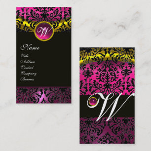 Carte De Visite ROSE BLACK DAMASK AMÉTHYST MONOGRAM Fuchsia Gold
