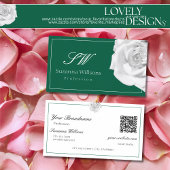 Carte De Visite Rose blanche sur vert avec initiales QR Code