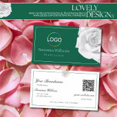Carte De Visite Rose blanche sur vert avec logo et code QR