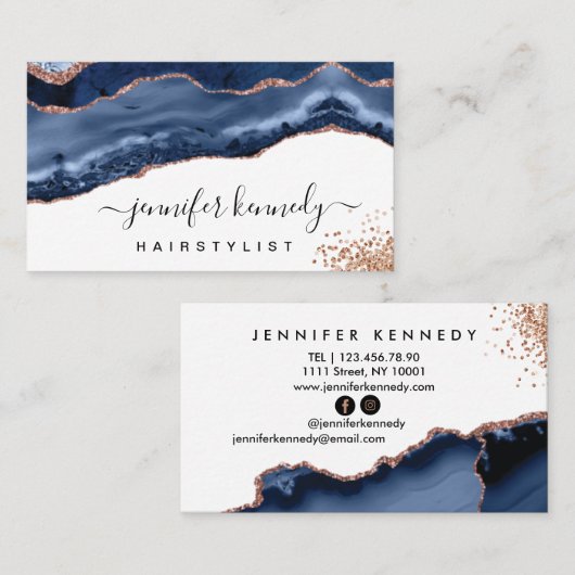 Carte De Visite Rose bleu Indigo  or Parties scintillant Agate Mar (Devant / Derrière)