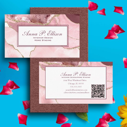 Carte De Visite Rose Blush &Gold Parties scintillant Agate QR Code