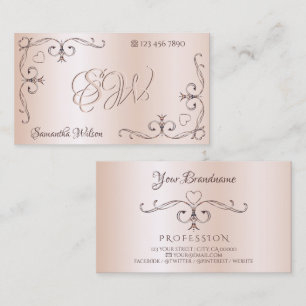 Carte De Visite Rose chatoyant Ornate Corner Initiales Pastel rose