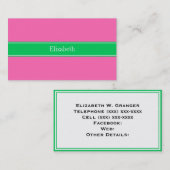 Carte De Visite Rose Chaud Uni #2 Vert Émeraude Ruban Nom Monogram (Devant / Derrière)
