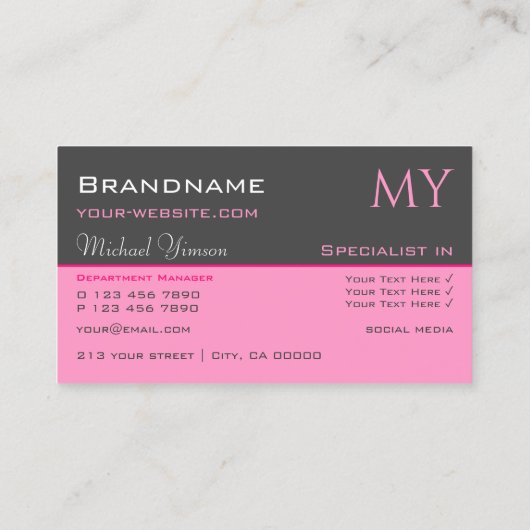 Carte De Visite Rose clair gris foncé avec initiales Professionnel (Dos)