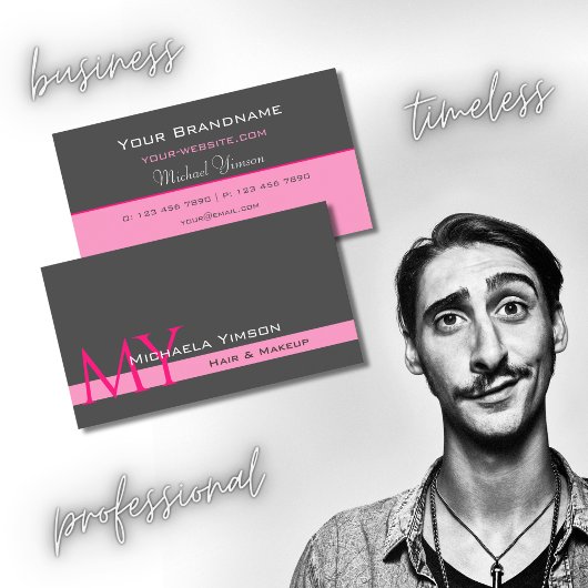 Carte De Visite Rose clair gris foncé avec Monogramme professionne
