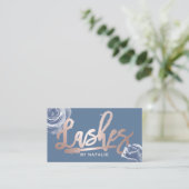 Carte De Visite Rose de maquillage de cils Gold Script Dusty Blue (Debout devant)
