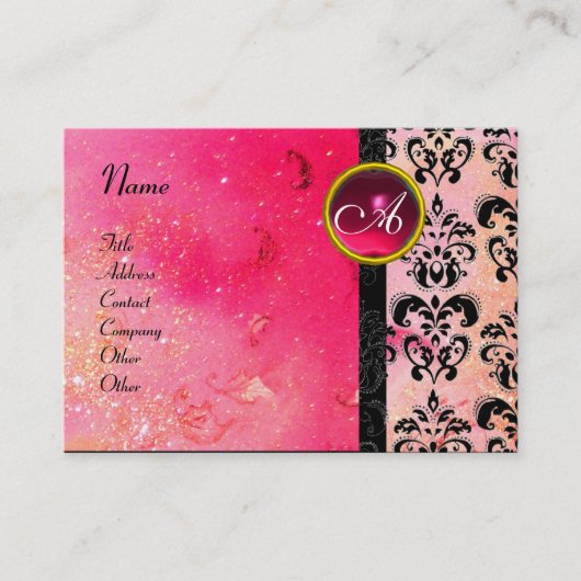 Carte De Visite ROSE D'OR SPARKLING DAMASK MONOGRAM, rubis fuchsia (Devant)