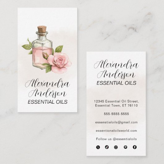 Carte De Visite Rose Essential Oils Aquarelle Floral Script (Devant / Derrière)
