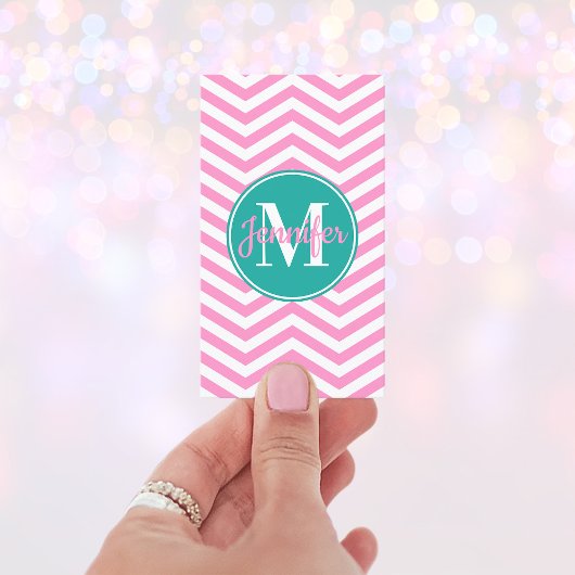 Carte De Visite Rose et blanc Chevron Turquoise Monogramme