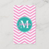 Carte De Visite Rose et blanc Chevron Turquoise Monogramme (Devant)