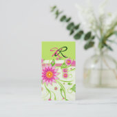 Carte De Visite Rose et vert Abstrait design floral 4 (Debout devant)