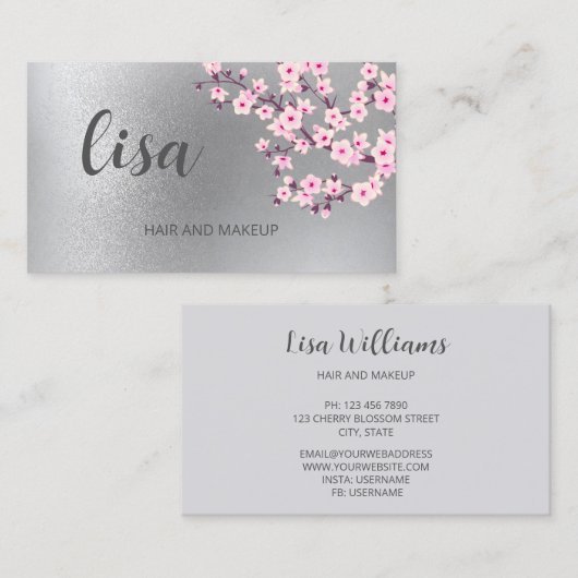 Carte de visite Rose Fleur de Cerisier Argent Prof (Devant / Derrière)