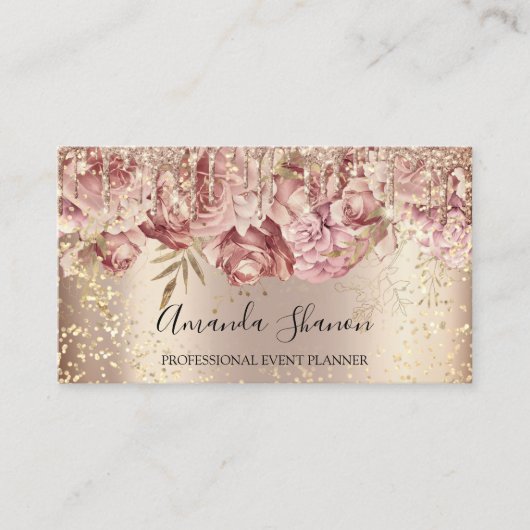 Carte De Visite Rose Fleurs Gold Confetti Drip QR CODE Logo (Devant)