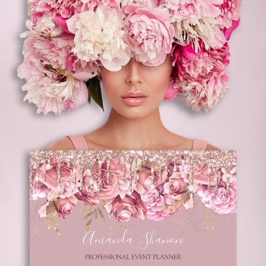 Carte De Visite Rose Fleurs Logo Planificateur d'événements QRCODE