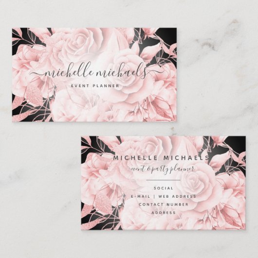 Carte De Visite Rose Floral Gold Noir Script moderne (Devant / Derrière)