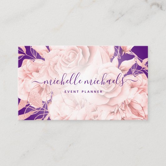 Carte De Visite Rose Floral Gold Purple Script moderne (Devant)