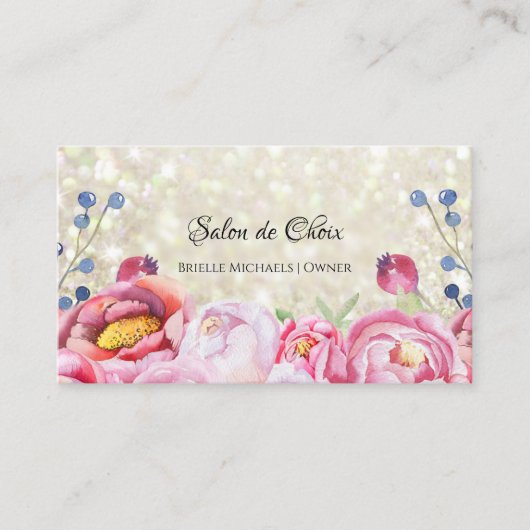 Carte De Visite Rose Floral Parties scintillant blanche étincelant (Devant)