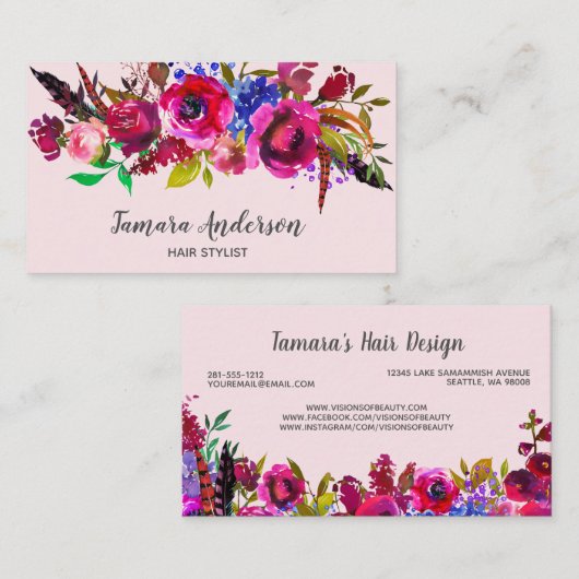 Carte De Visite Rose floral professionnel de Bourgogne de coiffeur (Devant / Derrière)