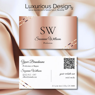 Carte De Visite Rose Gold avec lignes scintillantes Monogramme QR