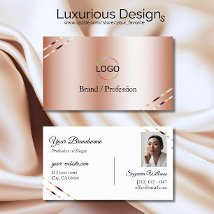 Carte De Visite Rose Gold avec logo et photo aux lignes scintillan