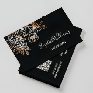 Carte De Visite Rose Gold Black Line Art Floral   Code QR