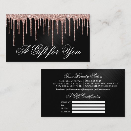 Carte De Visite Rose Gold Black Parties scintillant Drift Certific (Devant / Derrière)