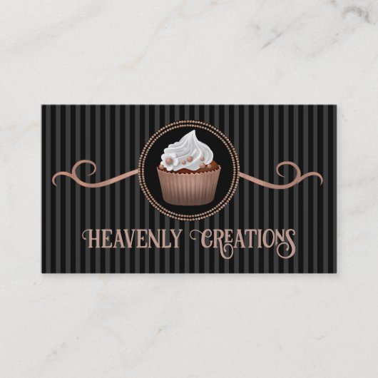 Carte De Visite Rose Gold Black Stipes Cupcake Boulangerie (Devant)