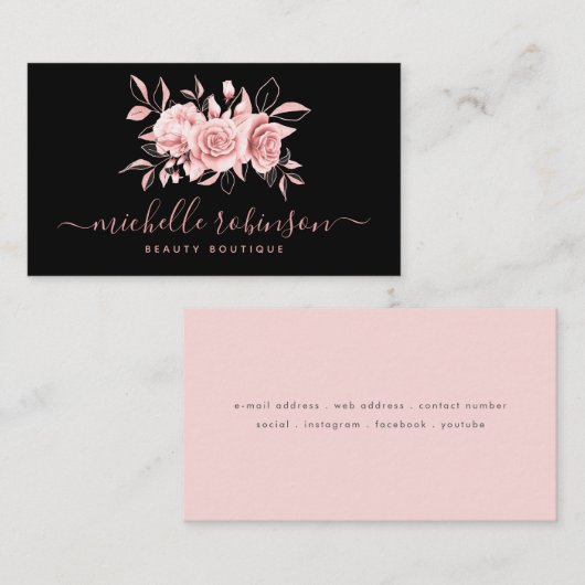 Carte De Visite Rose Gold Blush Feminine Floraison Script noir  (Devant / Derrière)
