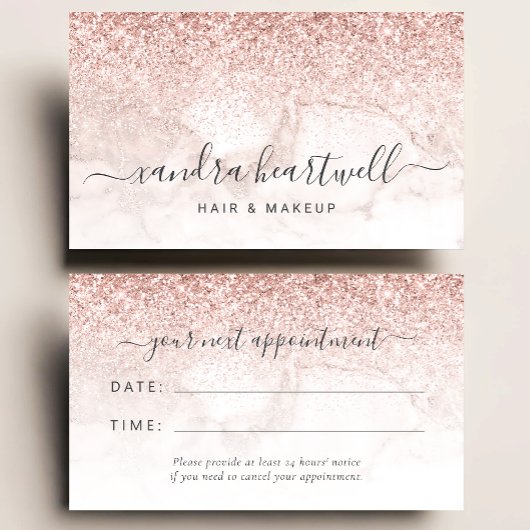 Carte De Visite Rose Gold Blush Marble Glitter Script Appointment