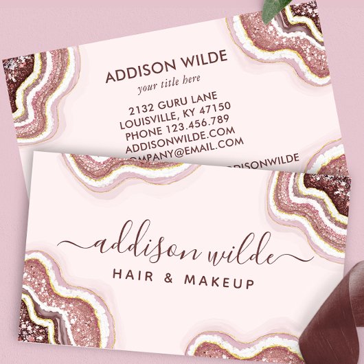 Carte De Visite Rose Gold Blush Pink Glitter Agate Geode